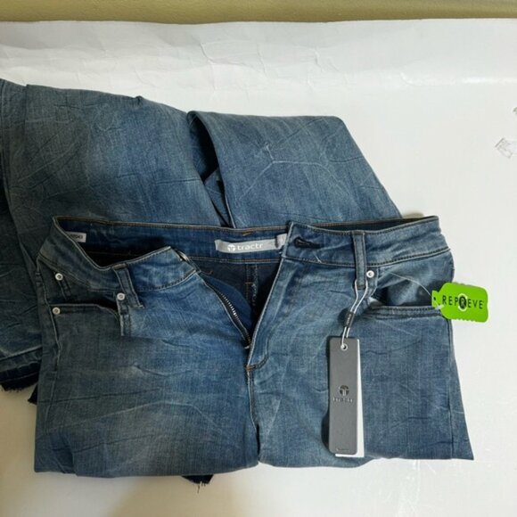 Tractr NEW High Waist Flare Side Slits Stretch Straight Raw Blue Zip Fly Retro 8 - Picture 12 of 16